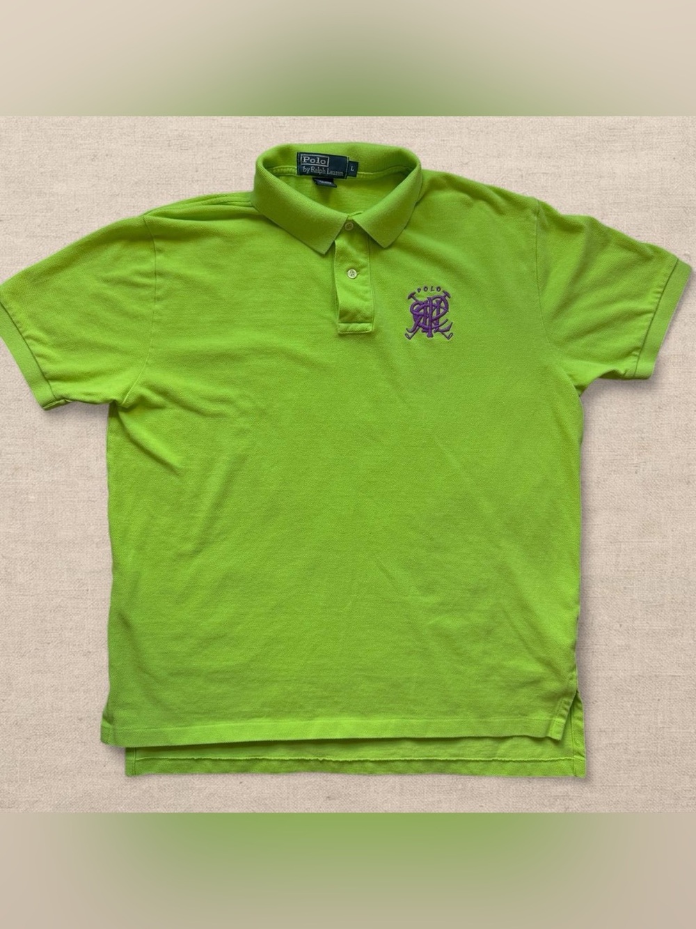 Polo Ralph Lauren Polo Shirt Men's Large Lime Green Purple Crest Logo Pique
